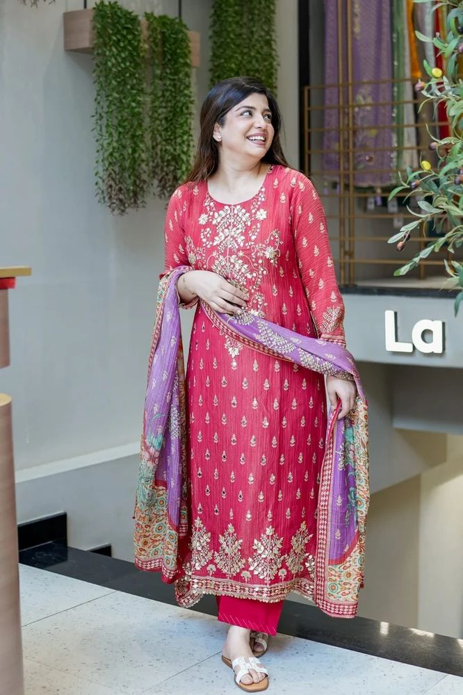 Gorgeous pure hand work and katha embroidery work kurti with dupatta and pant