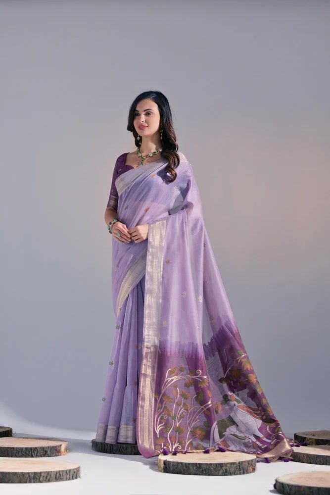 Purple premium soft muga cotton saree with new concept