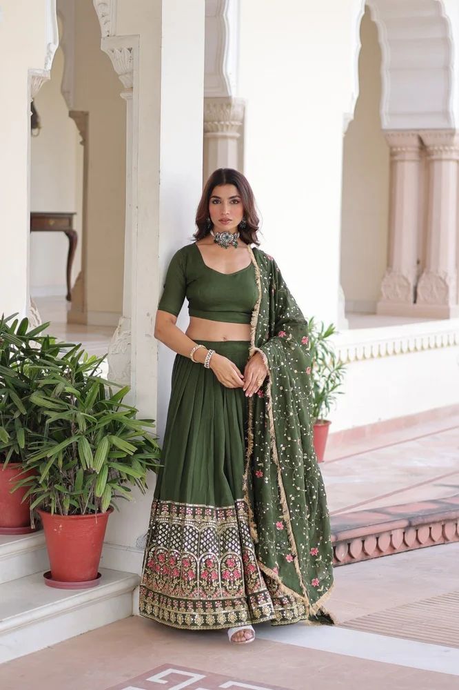 TRENDY CULTURE'S Vichitra Silk Lehenga Choli with Heavy Sequins & Thread Embroidered Work