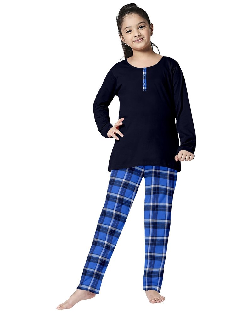 Girls Henley Top And Bottom Nightsuit - Navy Blue