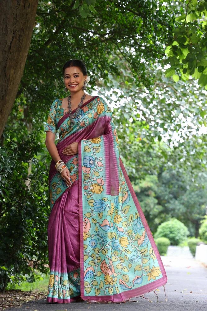 Soft Tussar silk saree with beautiful kalamkari prints and unique border