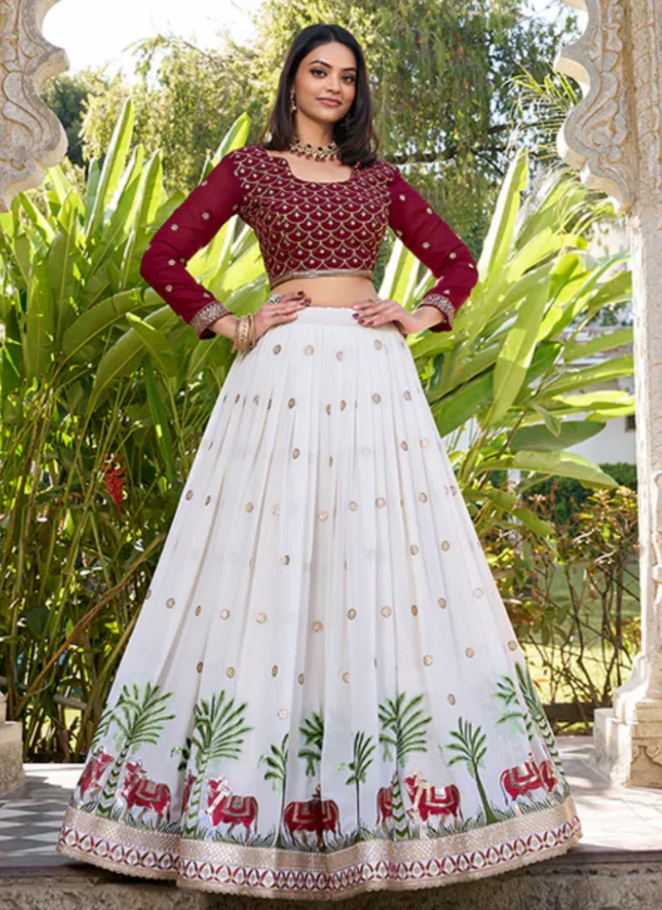Off White Georgette Embroidery Work DESIGNER LEHENGA  Set