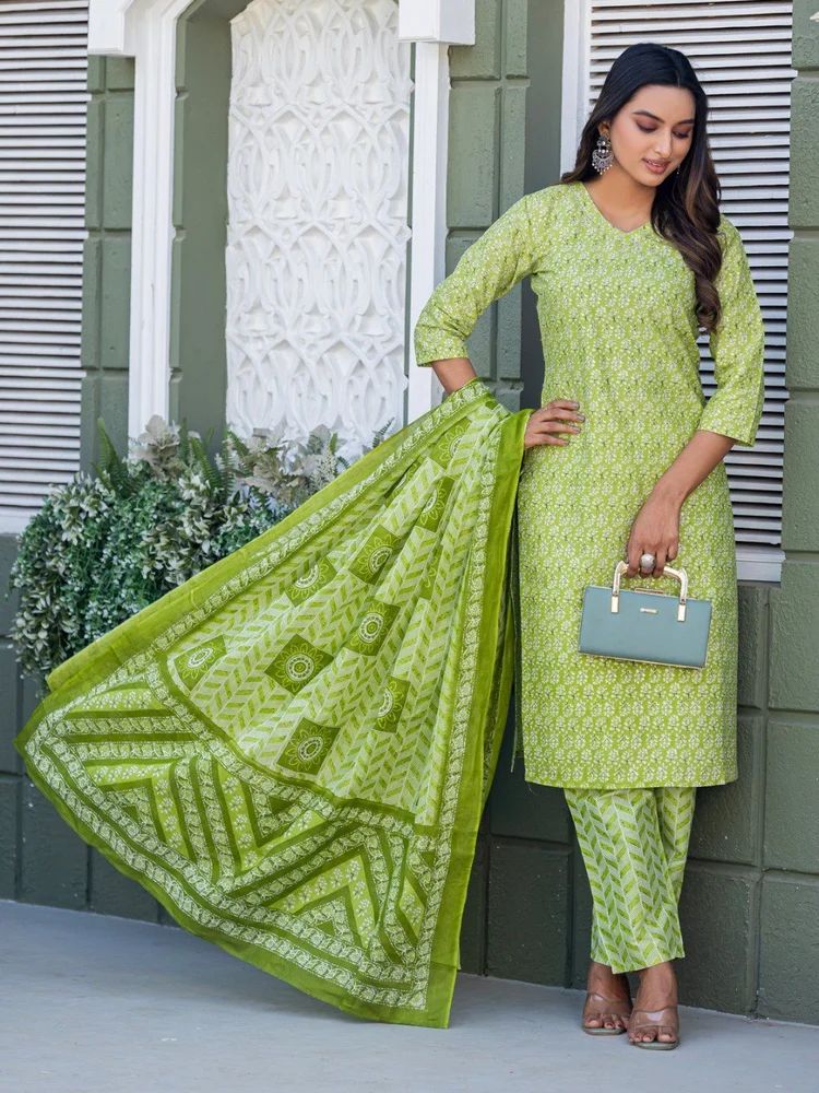Parrot Green Cotton Blend Suit Set