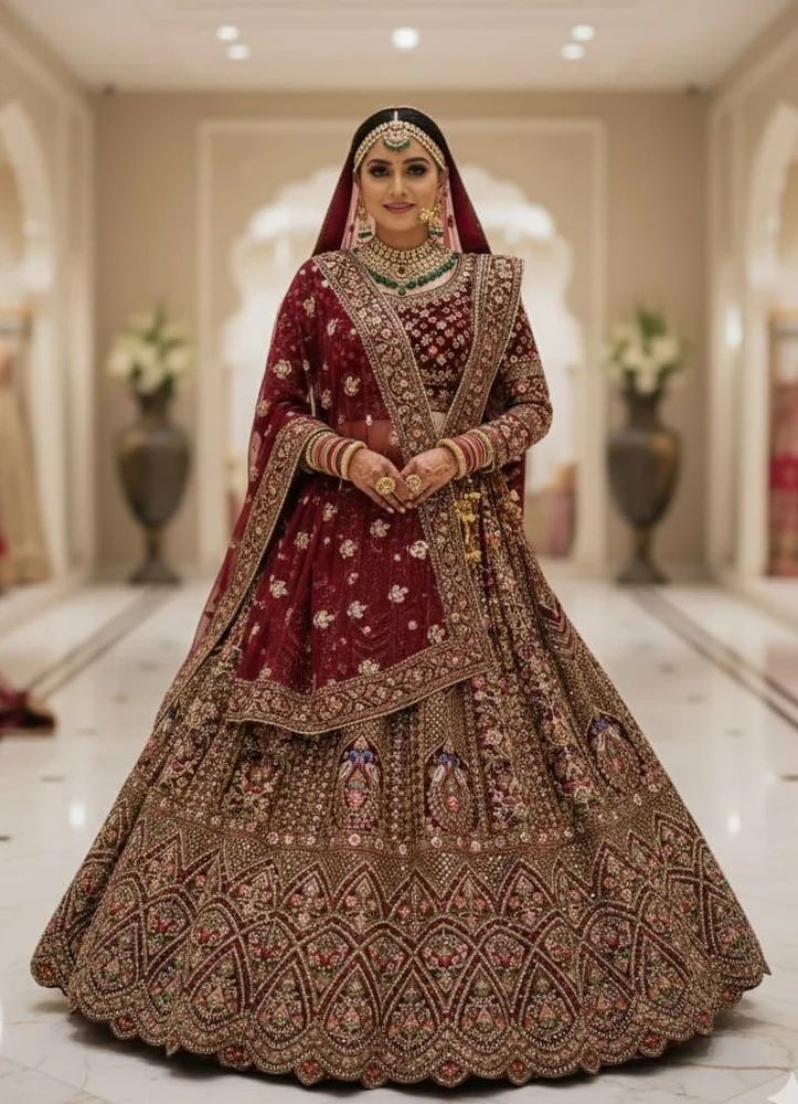 Arched Panel Maroon Velvet Resham Bridal Lehenga