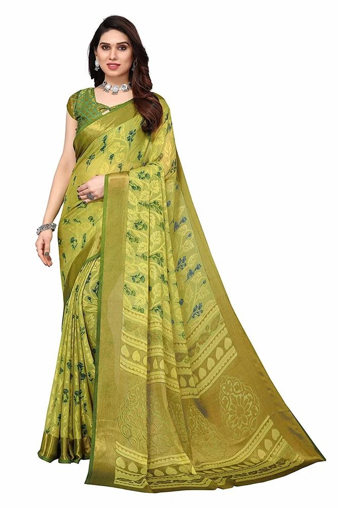Leeza Store Gold Toned Floral Printed Soft Chiffon Brasso Saree With Ethnic Motifs On Pallu
