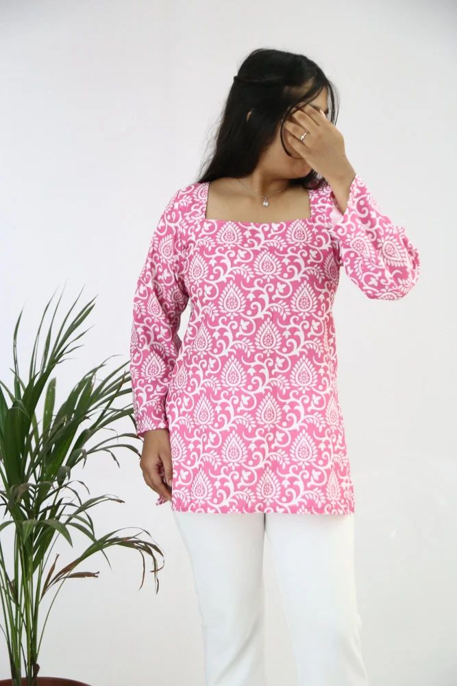 Pink Printed Rayon Short Ladies Kurti