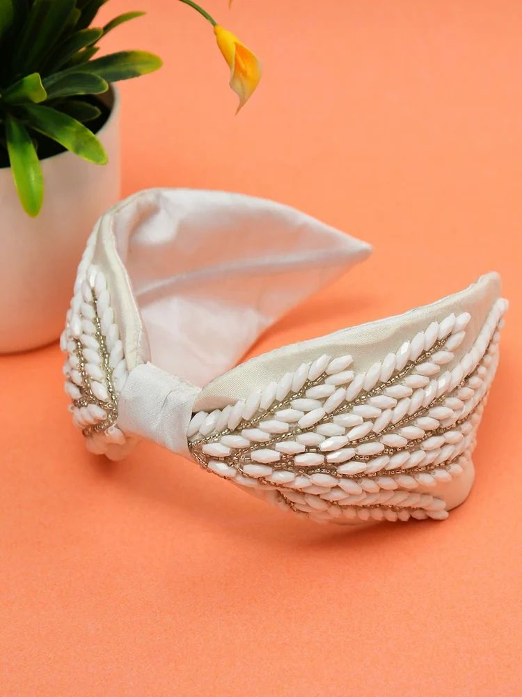 White Embroidered Beaded Headband