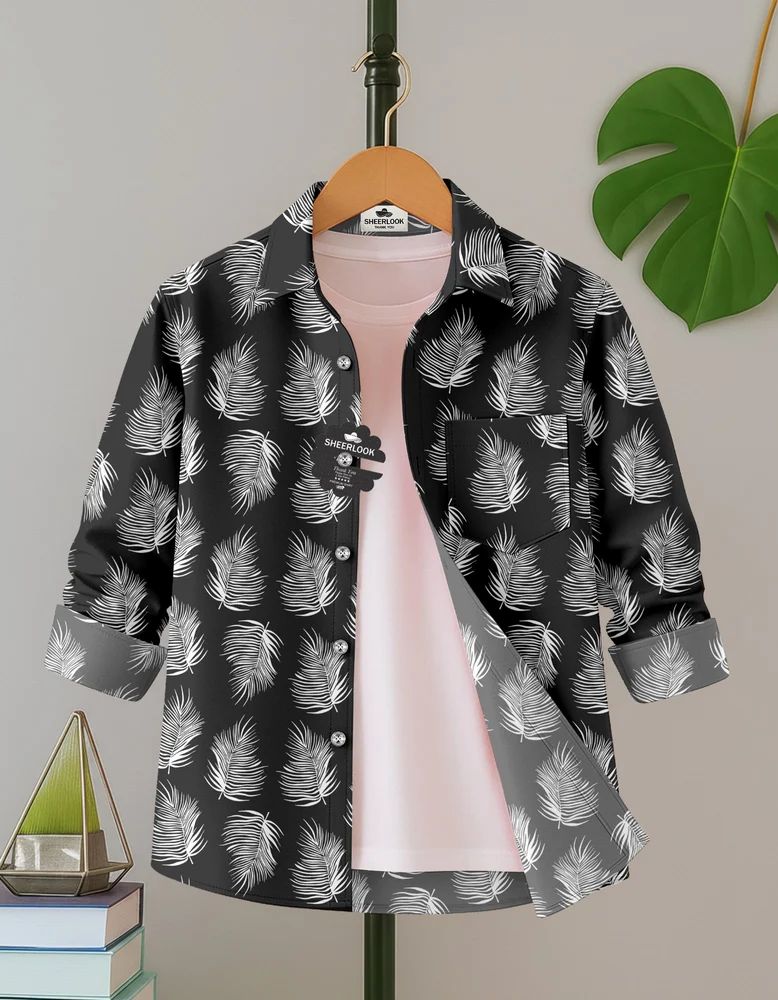 Black Men Rayon Leaf Print Shirt