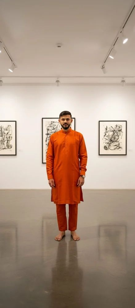 Thread Embroidered Silk Rust Orange Traditional Rust Orange Men's Kurta