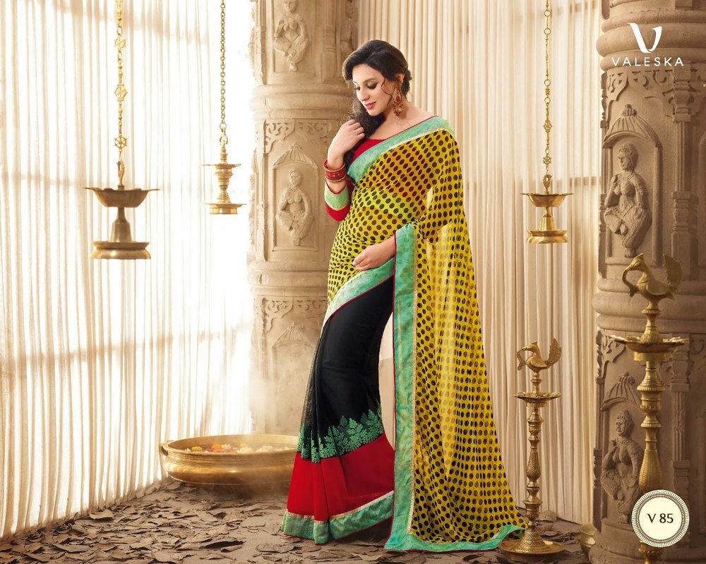 Yellow and Black Faux Georgette Polka Dot Print Saree