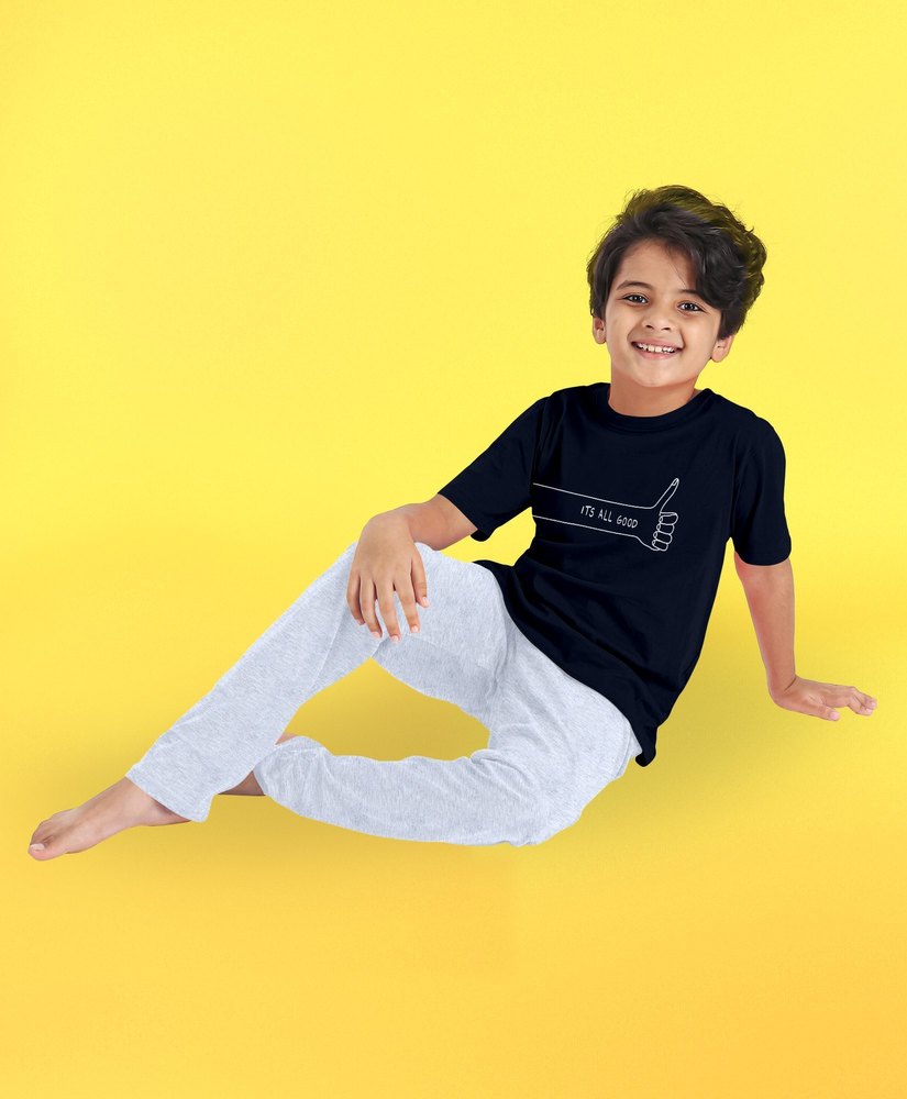 Boys Half Sleeves T- Shirt And Bottom Night Suit Slogan Print - Navy Blue And Grey