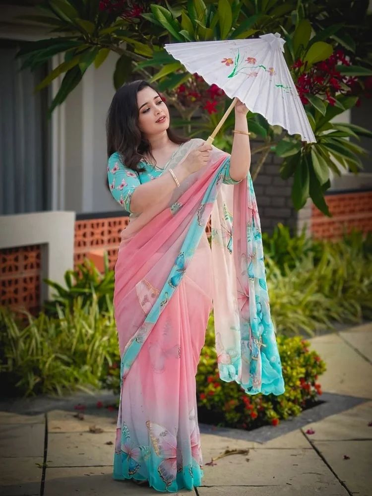 Pink Digital Print Georgette Saree
