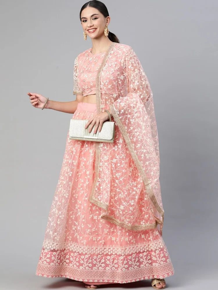 Peach Soft Net Thread Embroidery Work Lehenga Choli Set