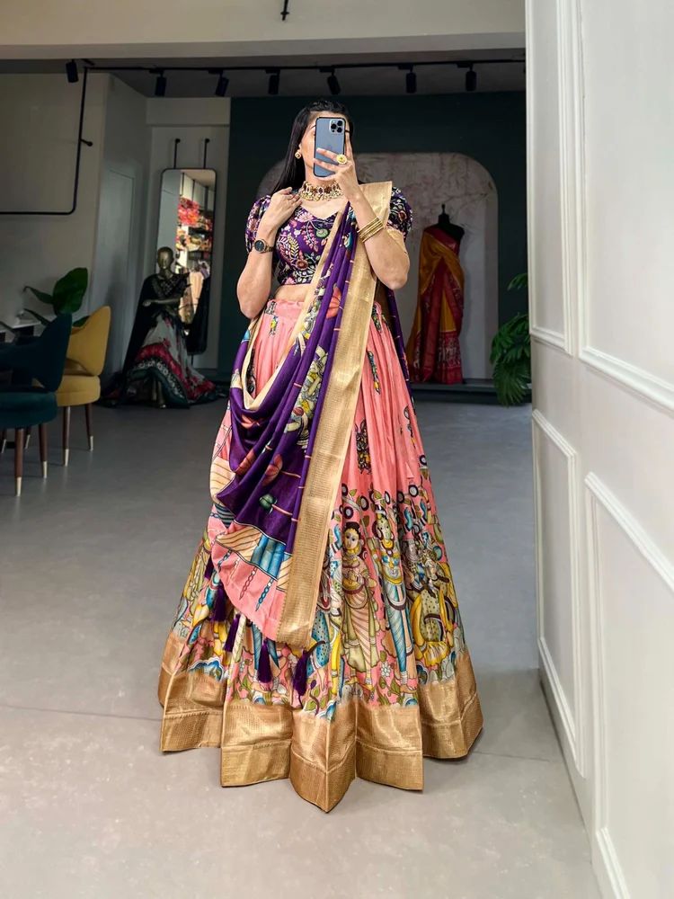 TRENDY CULTURE'S Graceful Dola Silk Lehenga Choli with Kalamkari Art and Woven Borders