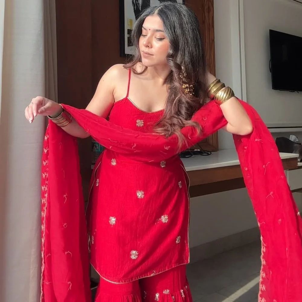Red Printed Georgette Sharara Suit