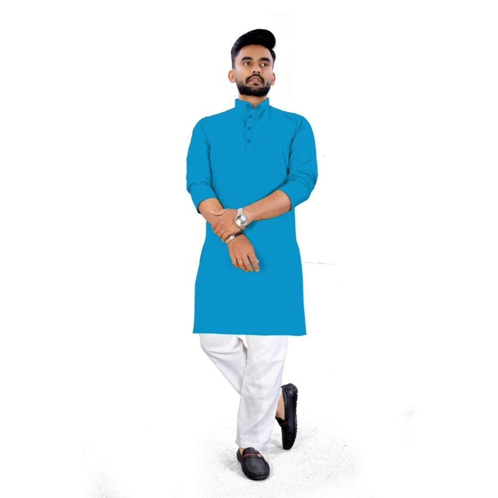 Daily Wear Solid Blue Cotton Men Kurta, Medium