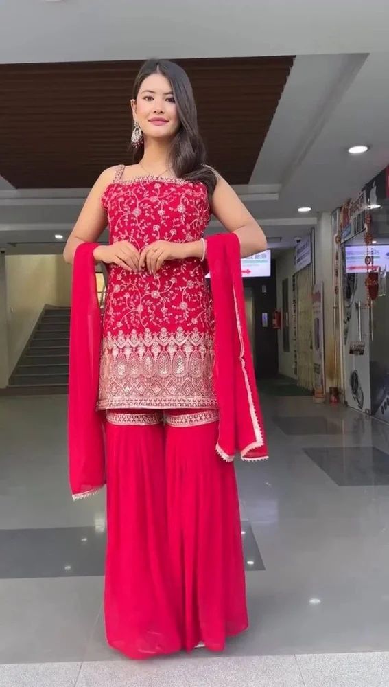 trebndy culture's Designer Georgette Heavy Embroidered Rani Pink Sharara Suit