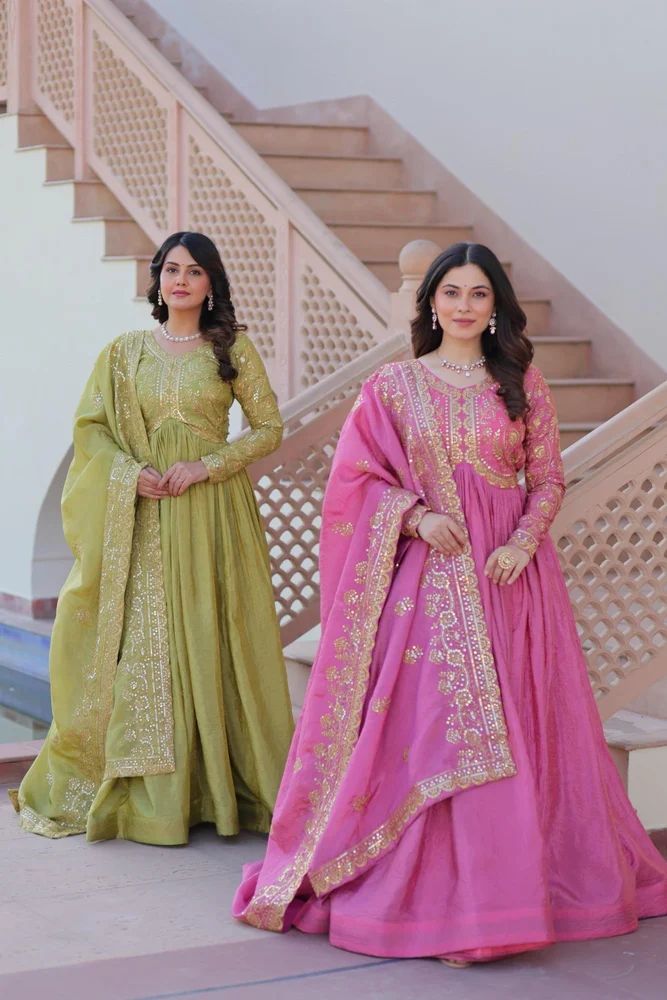 designer Embroidered Sequins work gown with dupatta