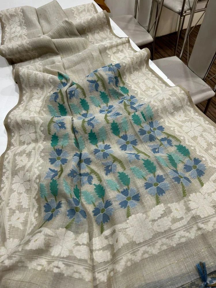 Premium soft muga Cotton saree in jamdani concept  with contrast blouse  piece