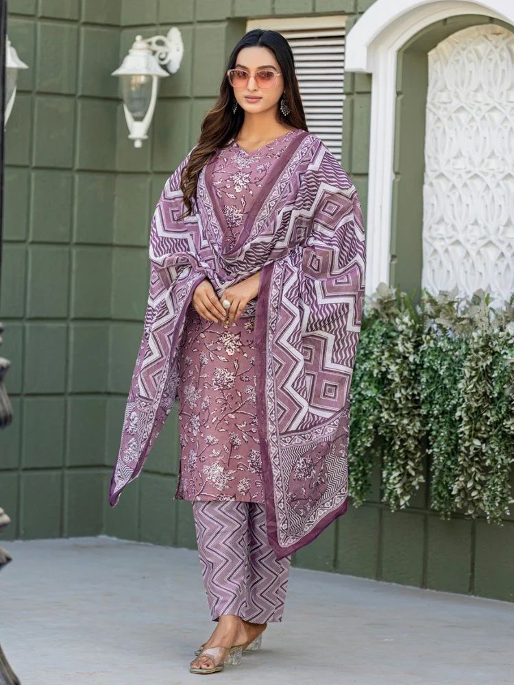 Fully Stitched Cotton Blend Kurti-Pant-Dupatta Set Lavender