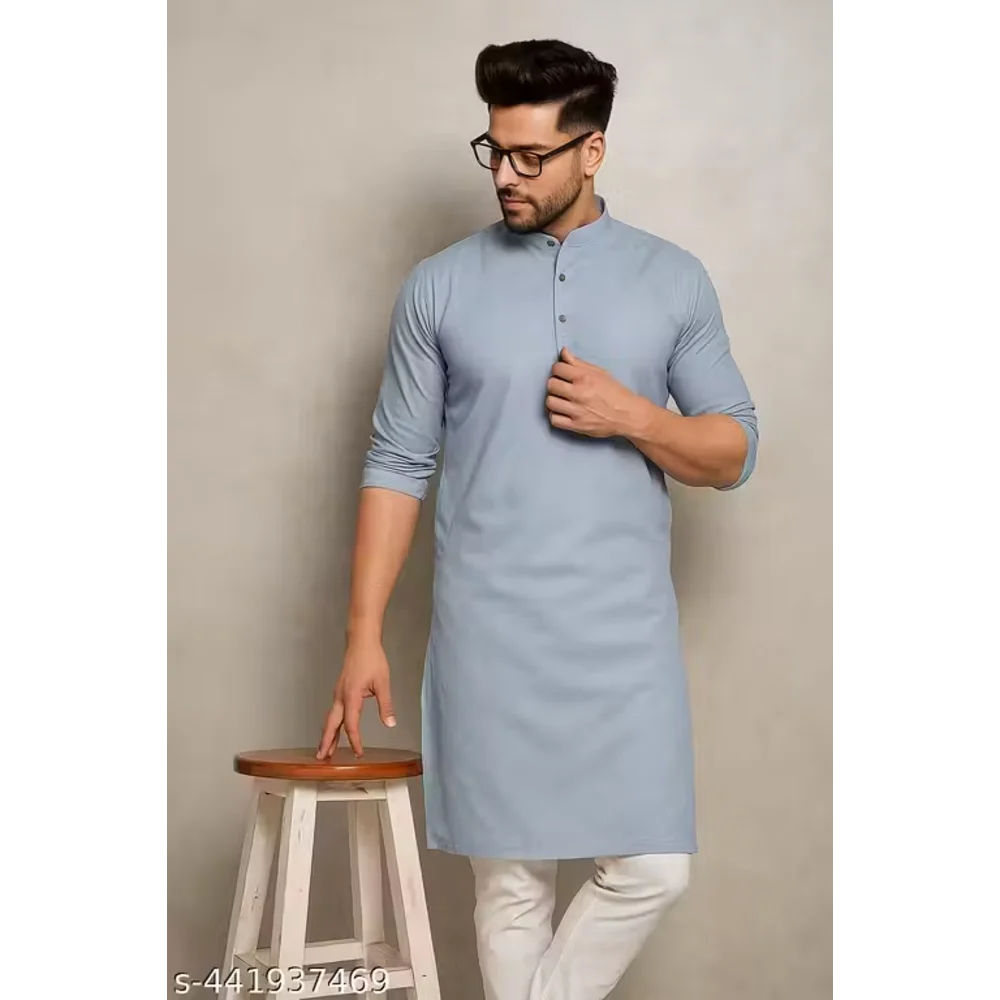 Men Light Blue Cotton Blend Plain Kurta