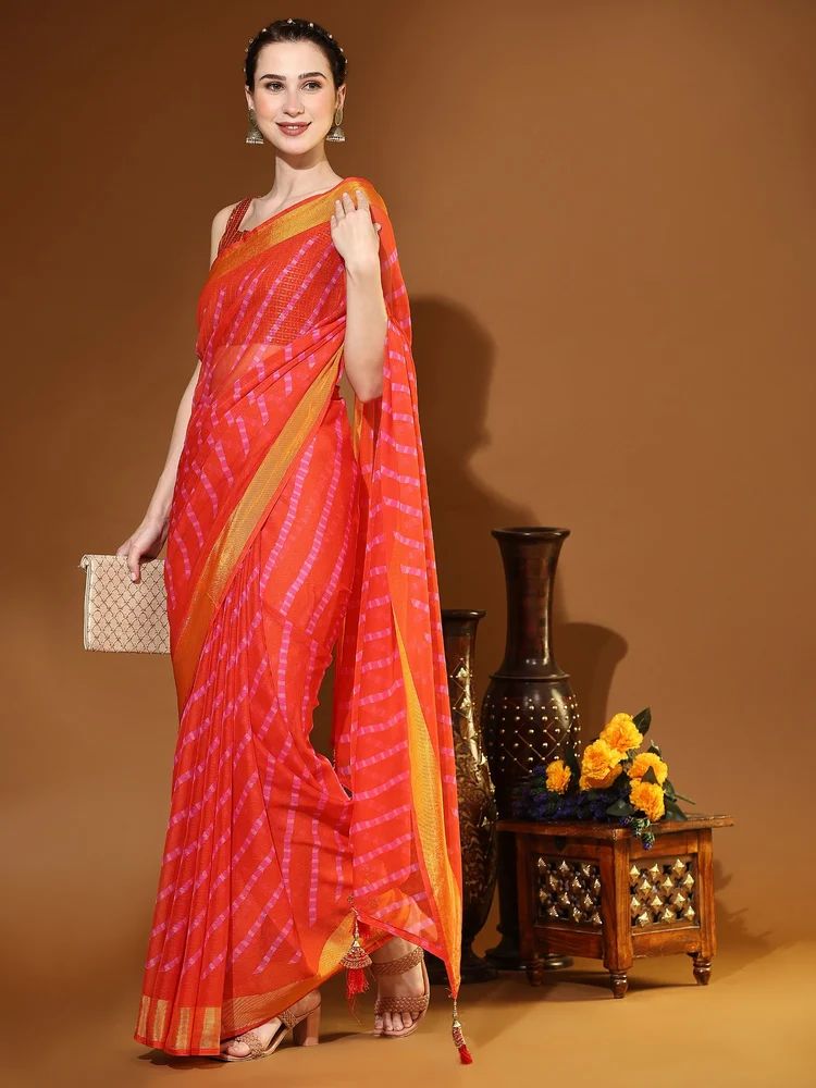 Ladies Red Stripe Printed Chiffon Saree