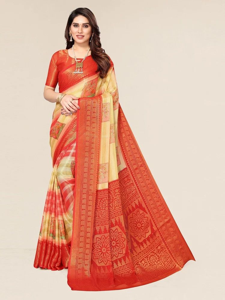 Toned Lining-Floral Motifs Printed Soft Chiffon Brasso Saree