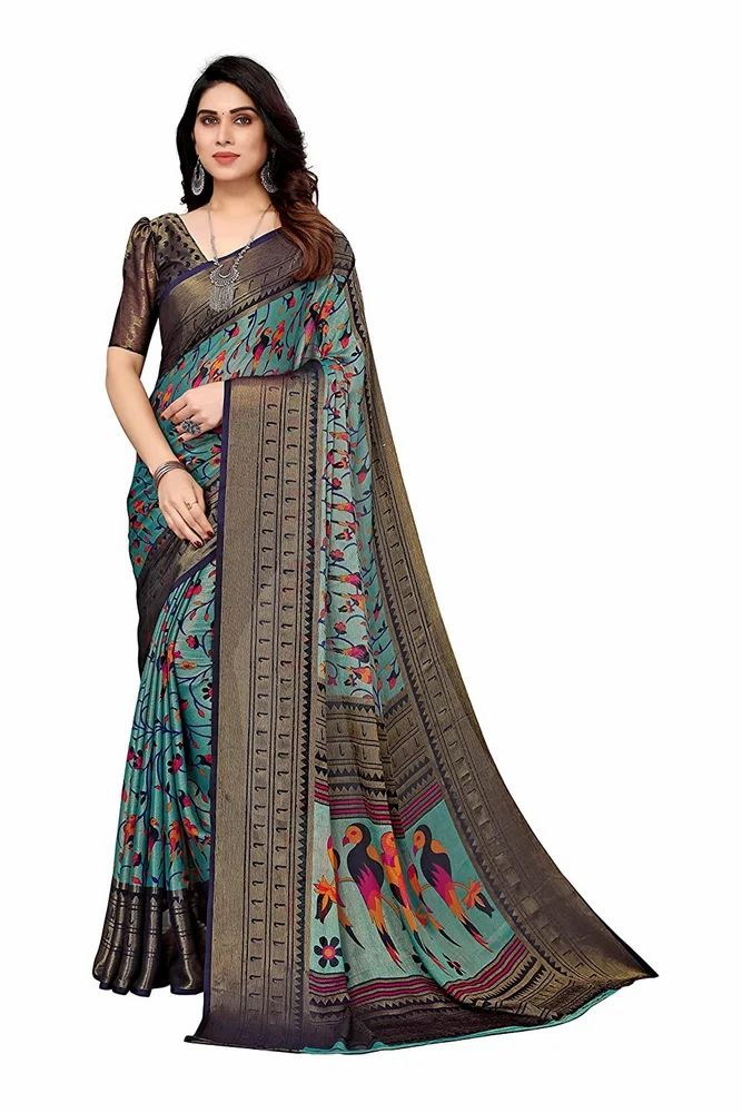 Floral-Parrot Printed Soft Chiffon Brasso Saree