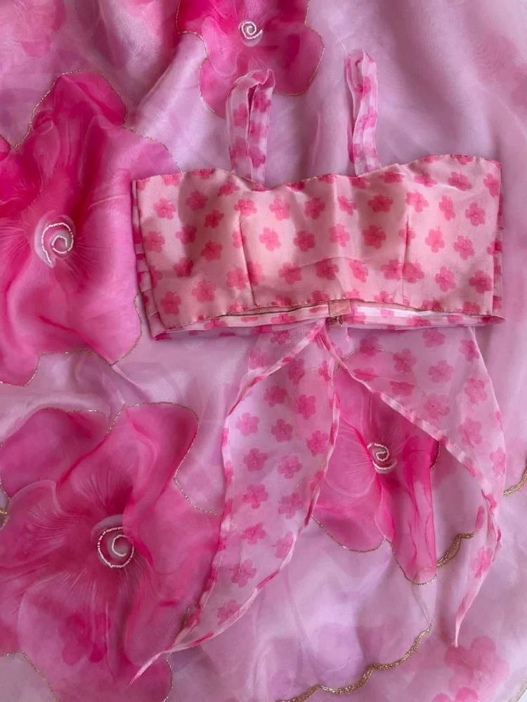 Flamingo Pink Organza Handwork Saree
