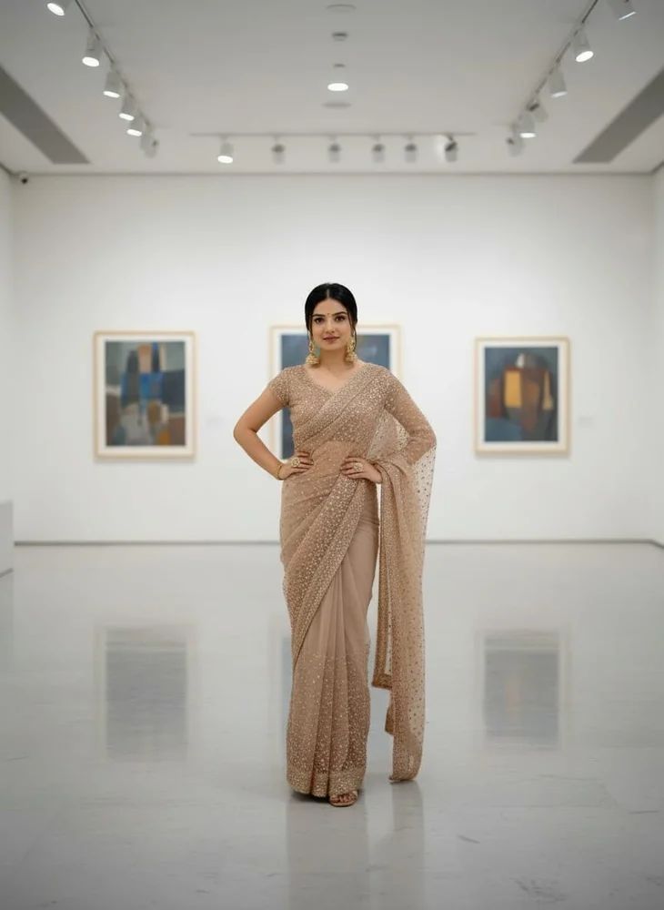 TRENDY CULTURE'S Perfect Sequence Embroidery Beige Party Wear Net Saree With Blouse