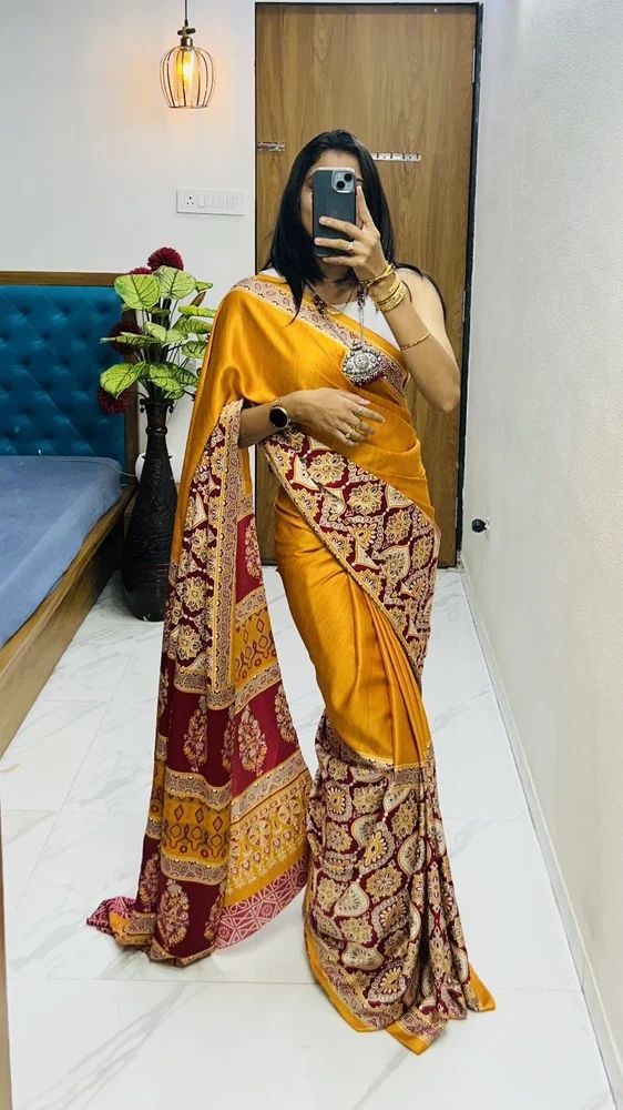 Ajrakh print Silk Saree