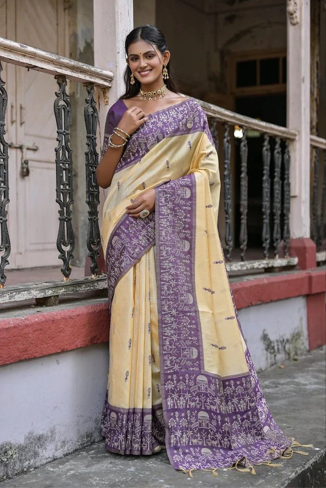 Soft Banglori Handloom raw silk saree with traditional warli design