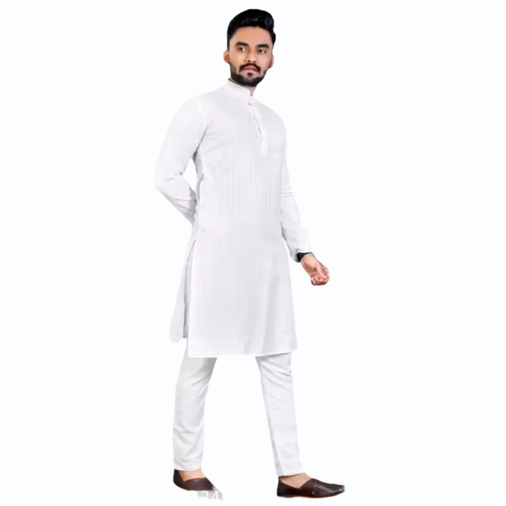 Men White Cotton Blend Plain Kurta