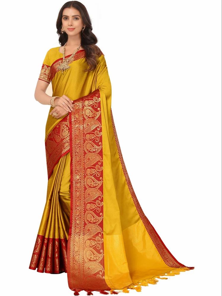 Banarasi Silk Blend Plain Solid Golden Zari Border Saree