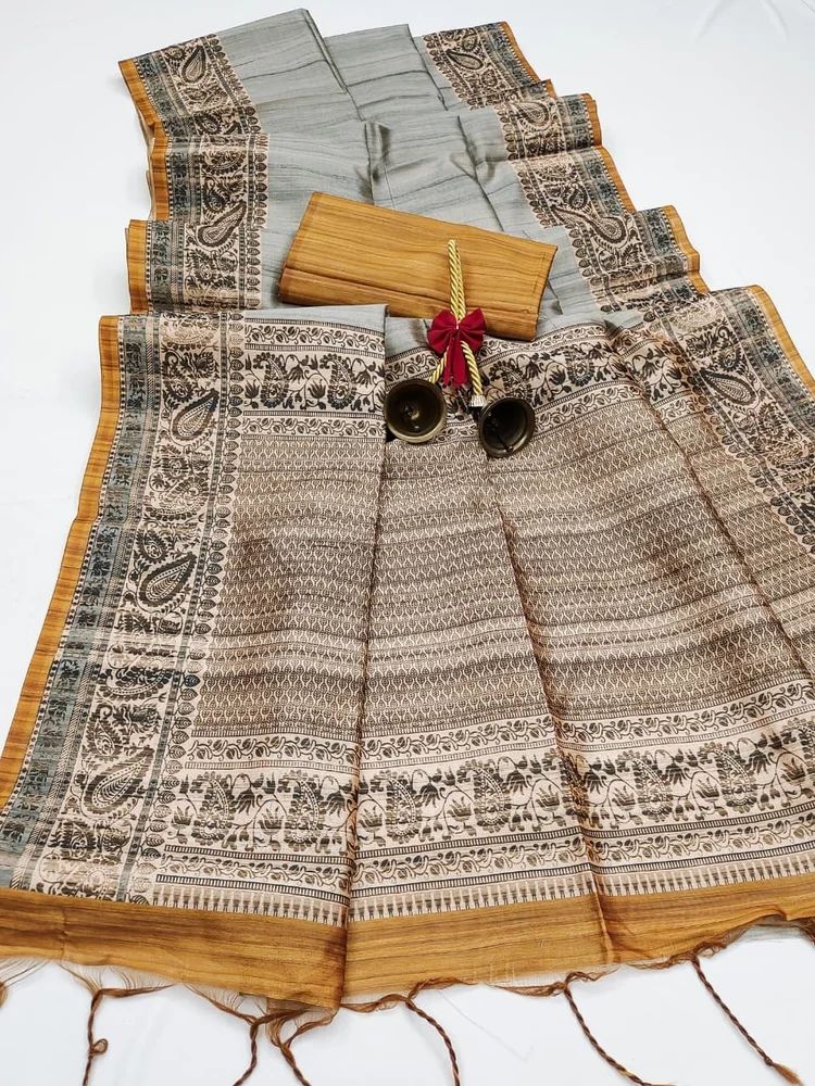SOFT TUSSAR SILK BLOCK TYPE PRINTED PALLU TRADITIONAL BORDER SAREE AT WHOLESALE PRICE
