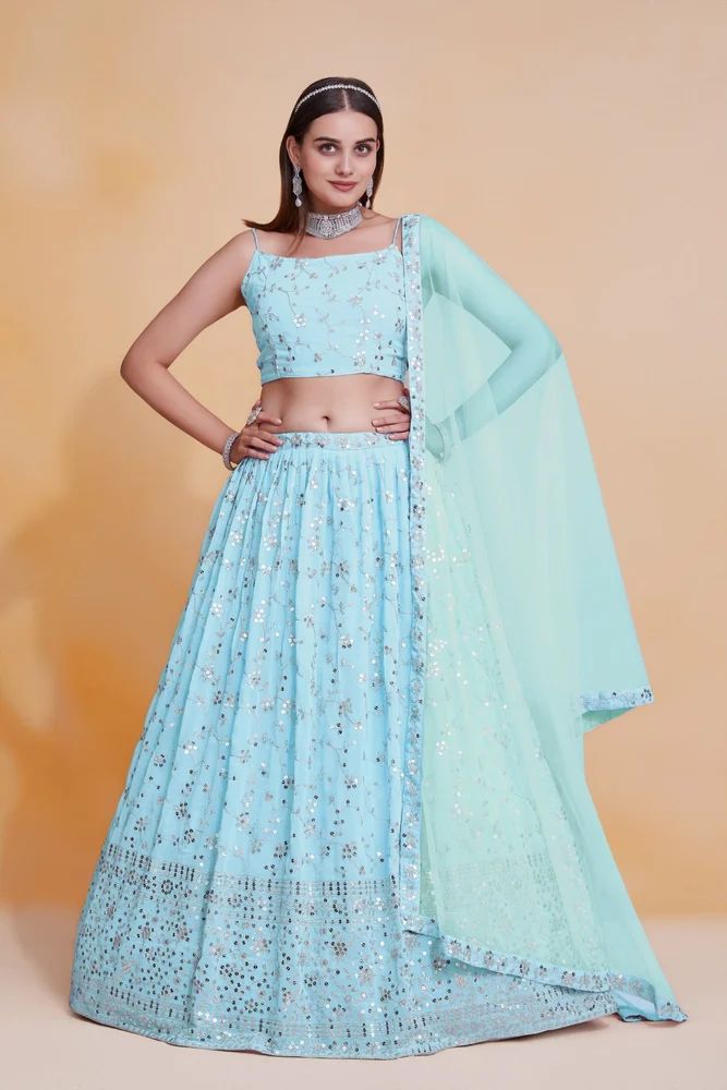 Sky-Blue Georgette Zari Sequence Embroidery Work Lehenga Choli Manufacturer