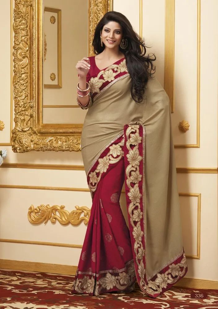 Red Faux Chiffon and Faux Crepe Jacquard Saree 336