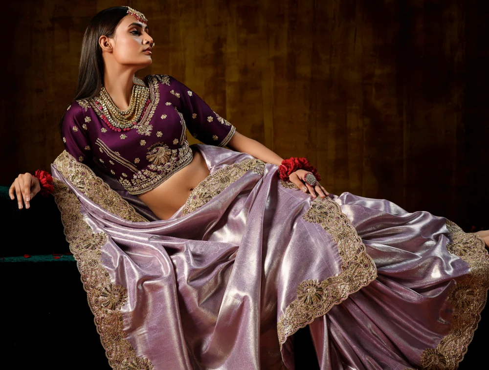 Ladies Lavender Handwork Tissue Silk Saree