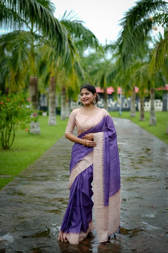 TUSSAR SILK SAREE WITH ALL OVER CHEKS PATTERN AND KANTH WEAVING BORDER