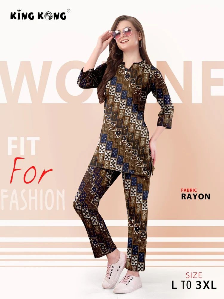 Rayon Printed 3/4 Sleeve Co-ords Set for Women (Sizes L-3XL)