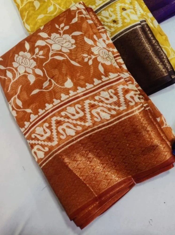 Pastel Orange Cotton Printed Saree