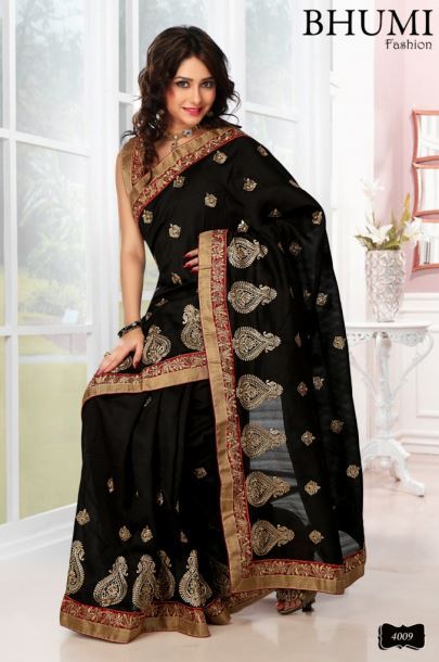 Black Tussar Silk Saree With Stone Work