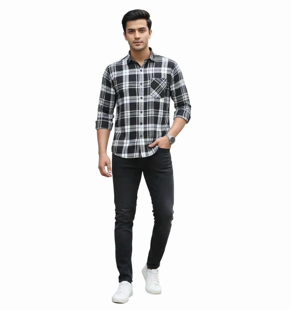 Mens Black Check Cotton Shirt