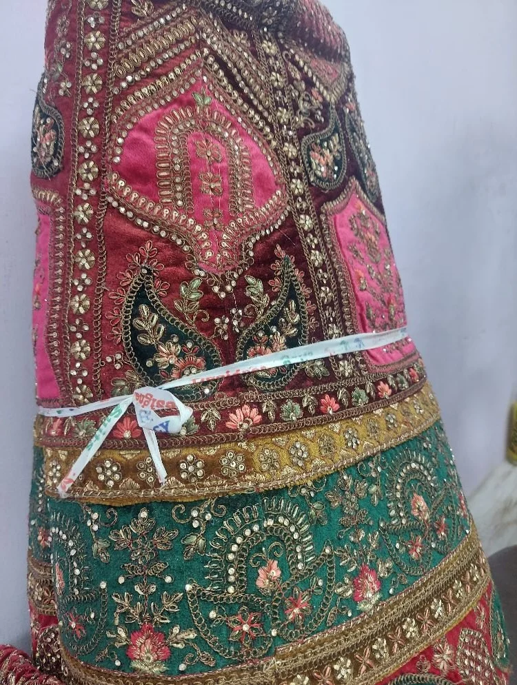 Scalloped Hem Pink Velvet Bead Bridal Lehenga