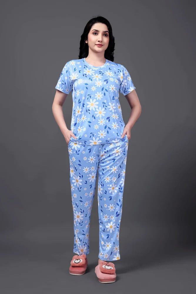Women Nightwear Set Sky Blue Floral Printed Lounge Set