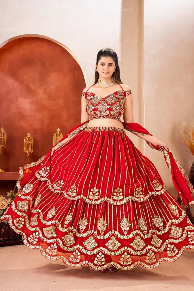 Red Heavy Embroidered Lehenga Choli Set with Dupatta Women Designer Bridal Party Wear Lehenga
