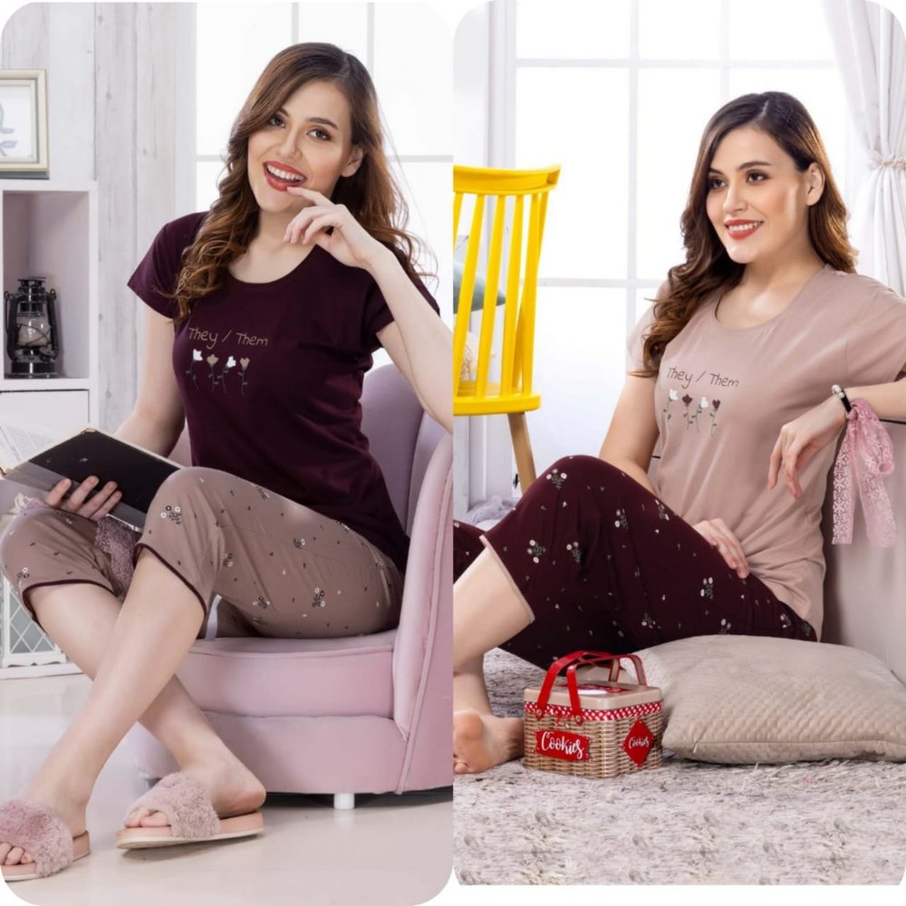 Ladies Stylish Nighty Half Sleeve T Shirt And 3/4 th Pant Black Grey