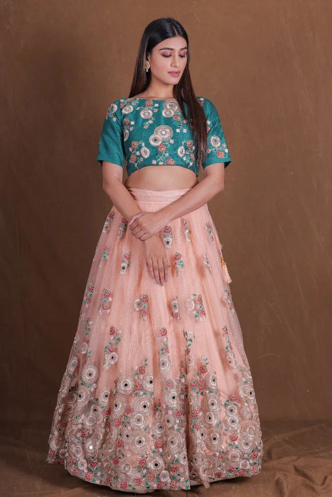 Peach Net Thread Sequence Embroidery Real Mirror Work Lehenga Choli
