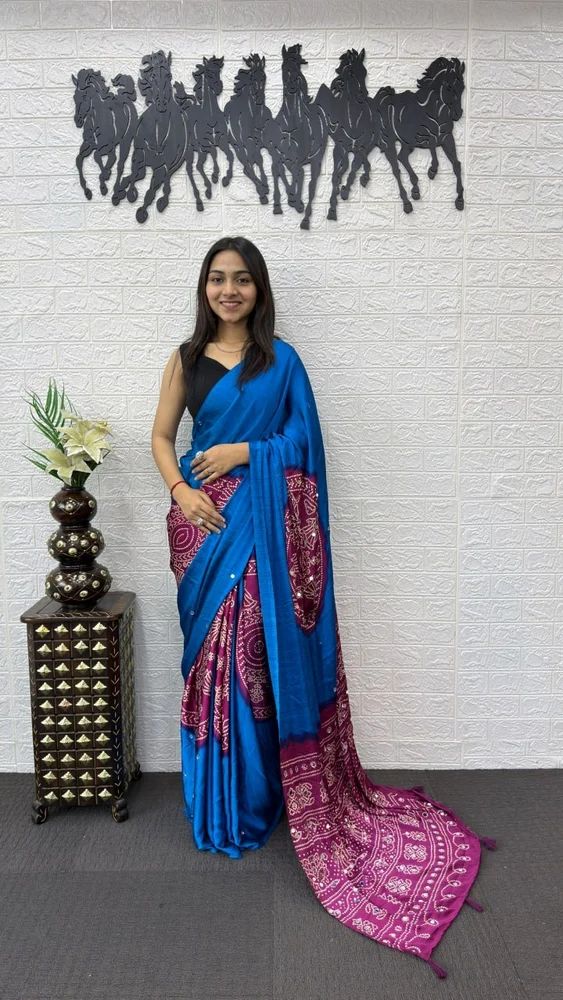 Model Silk Ajrakh With Mirror Work Saree