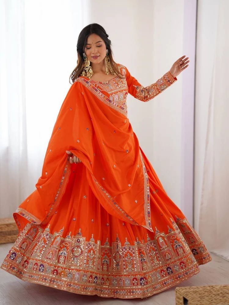 Latest Silk Sequence Embroidery Work Orange Lehenga Choli With Dupatta